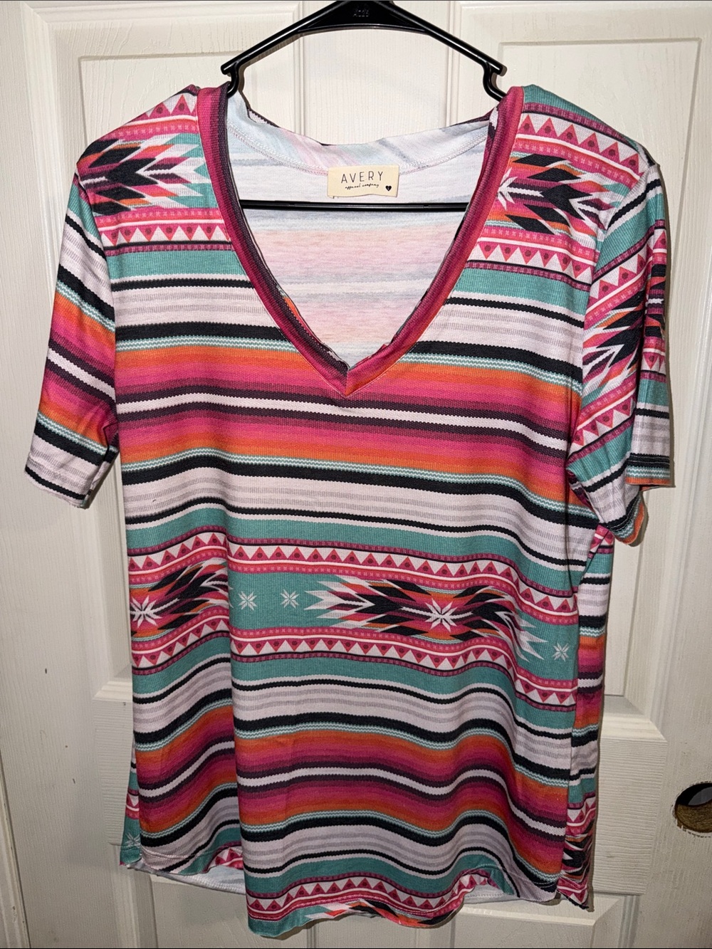 Avery V-Neck Short Sleeve Top in Pink, Teal & Black Stripes